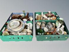 Four boxes of ceramic horses, tea china, glass ware, flower posies,