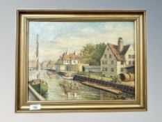 T Randop : Boats on a canal, oil on canvas,