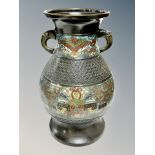 A 19th century Chinese bronze and cloisonne enamel twin handled vase,