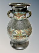 A 19th century Chinese bronze and cloisonne enamel twin handled vase,