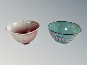 A Cantonese enamelled bowl together with a further Chinese Song dynasty style pedestal bowl,