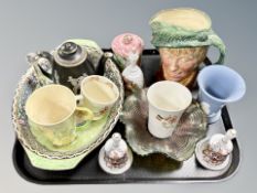 A Maling lustre twin handled bowl, Royal Doulton character jug Arriet, Wedgwood jasperware pot,