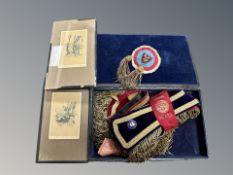 A box of antique velvet and gilt thread sashes, similar breast badge,