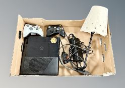 An Xbox 360 with two controllers and lead,