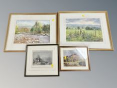 Two Myma Luff landscape watercolours together with a 19th century engraving of Holy island and a