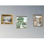 Six continental pictures to include oil on canvas depicting a cottage,