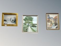 Six continental pictures to include oil on canvas depicting a cottage,