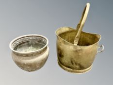 A brass coal receiver and copper jardiniere