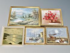 Four gilt framed oil paintings and a further print