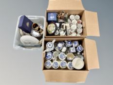 Three boxes of Ringtons porcelain and collectables, mugs,