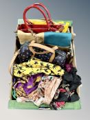 A collection of silk scarves and group of lady's leather hand bags