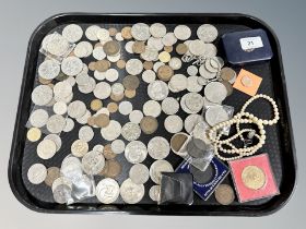 A costume pearl necklace together with pre decimal coins,