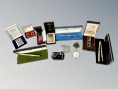 A collection of boxed ballpoint pens including Cross, Kanoe, quantity of lighters, Ronson, Colibri,
