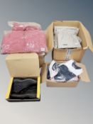 Three boxes of new child's clothing including Next T-shirts, pink padded coats,