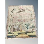 An 18th Century sampler, finely stitched by Eliza Cruden dated 1772, un-framed, 39 cm x 32 cm.