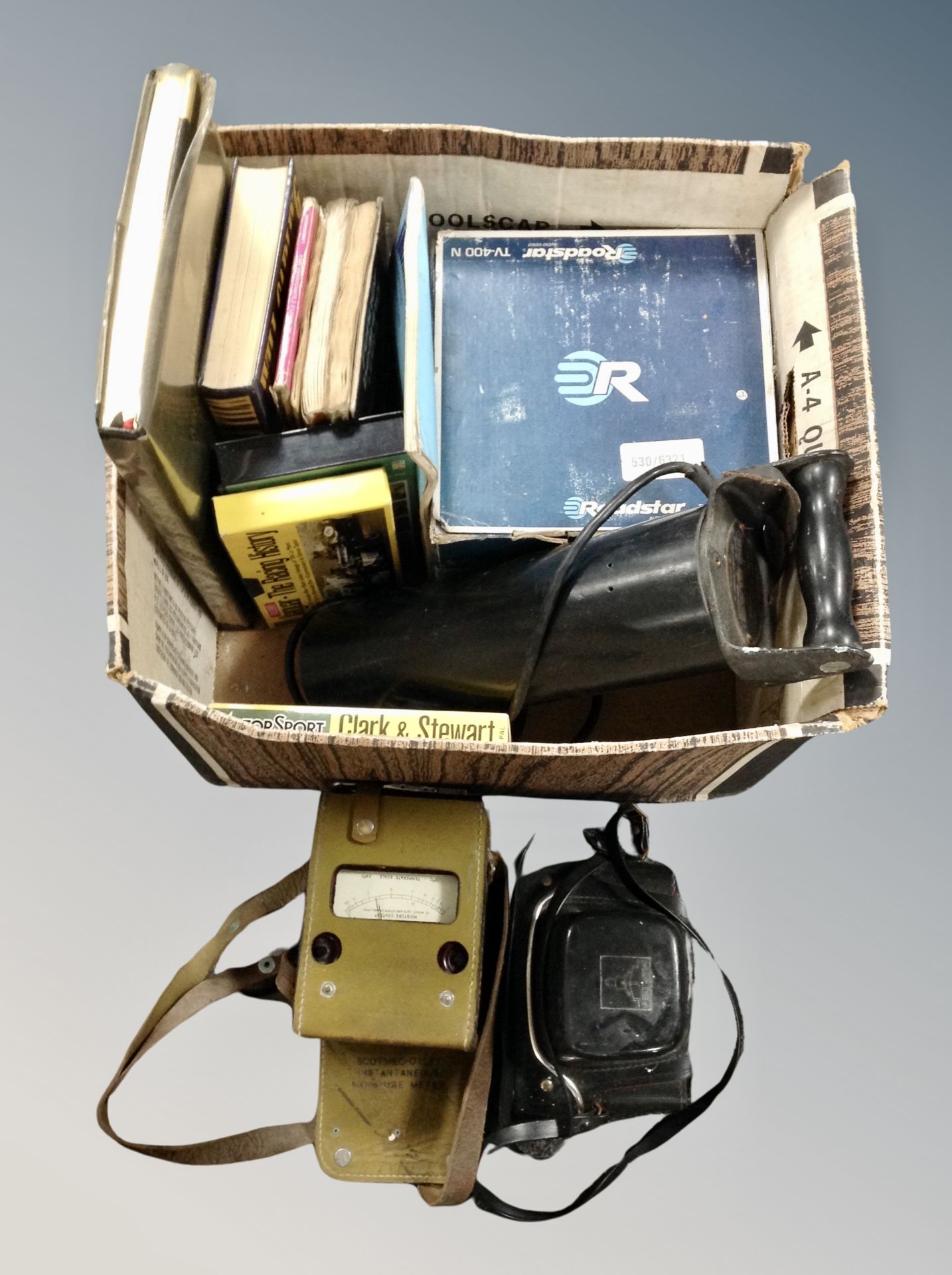 A box containing moisture tester, Praktica MTL5 camera,