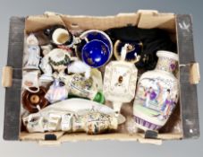 A box of ceramics, Doulton miniature character jug, Sadler teapot, oriental vases,