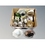 A box of stainless steel tea service, ceramics,