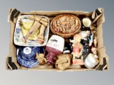 A box of pottery game tureen, Ringtons chintz china trio, figures,