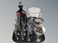 A Danish glass twin handled wine cooler, amethyst glass bottle with stopper ,