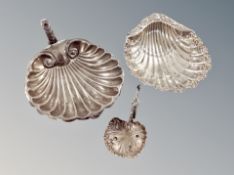 Two silver shell dishes and a caddy spoon CONDITION REPORT: 163g gross