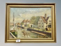 T Randop : Boats on a canal, oil on canvas,