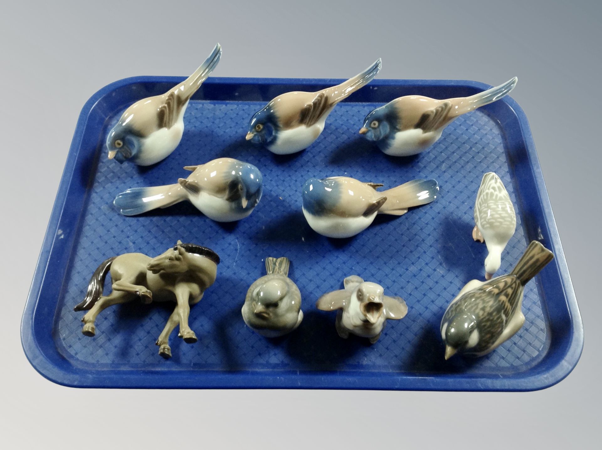 Nine Bing and Grondahl porcelain bird ornaments and further figure of a horse