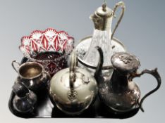Two silver plated teapots, silver plated claret jug, fruit bowl,