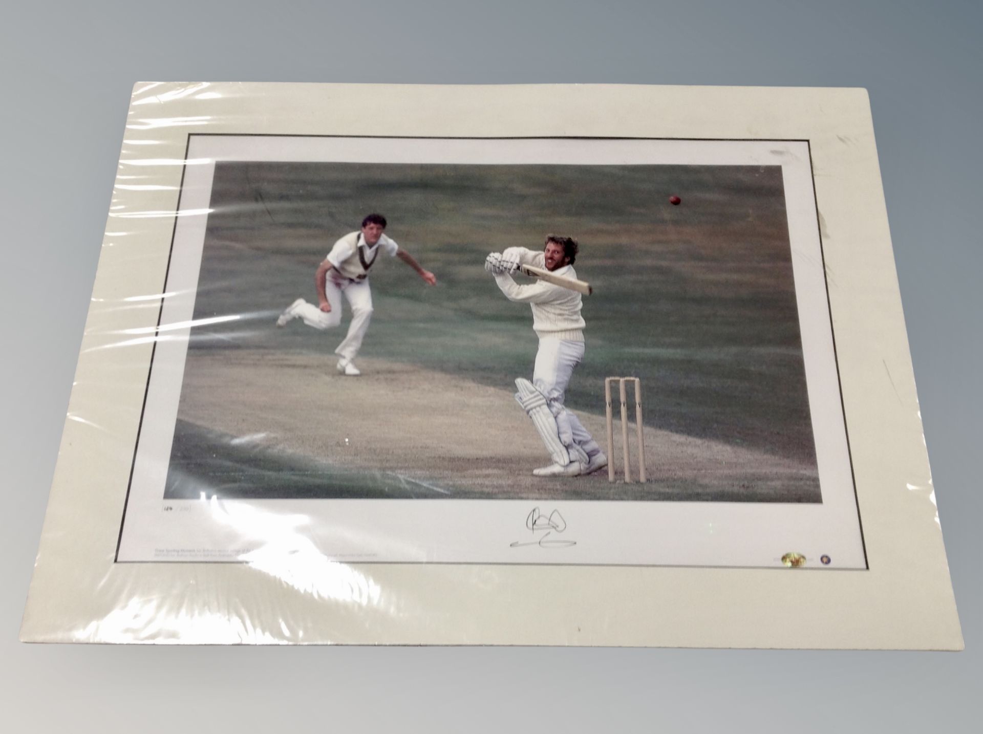 A limited edition cricket print depicting Ian Botham at the ashes test in 1981,