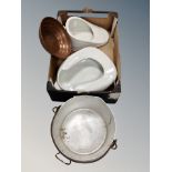 A box of aluminium jam pan, copper bowl,