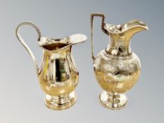 An antique silver plated jug indistinctly marked to base together with one other jug (2)