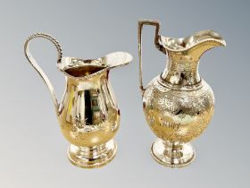 An antique silver plated jug indistinctly marked to base together with one other jug (2)