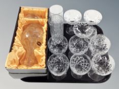 A Bohemia crystal decanter with stopper in presentation box together with a set of six Stuart