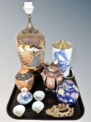 A tray of Japanese satsuma lamp base, further ginger jars,