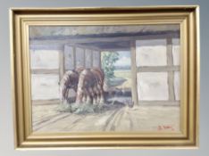 Danish School : Horses and poultry in a yard, oil on canvas, 64 cm x 45 cm, indistinctly signed.