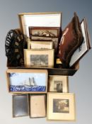 A box of picture frames, embroidered cushion, ship mountain in frame,