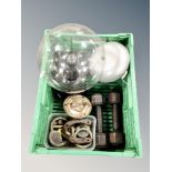 A crate of antique dumbbells, metal detector finds,
