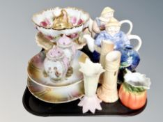 Two figural teapots, pair of Royal Worcester blue ivory spill vases,