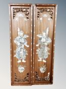 A pair of Japanese hardwood and mother of pearl inlaid rectangular plaques depicting samurai