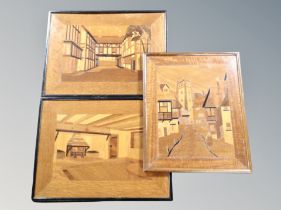 Three marquetry panels,