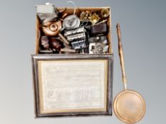 A box of plated cruet set, irons, copper kettle, mantle clock, pewter teapot,