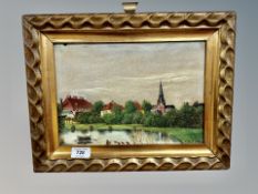 Danish School : A pond with village beyond, oil on canvas,