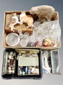 A box and crate containing dog figures, glass paperweights, crystal, jewellery box,