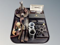 A pipe rack, quantity of pipes, antler handled carving set, boxed pens,