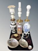 Three Chinese porcelain and earthenware lamp bases (continental wired), two mother of pearl dishes,