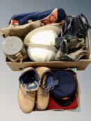 Two boxes of pair of Wrangler boots, cap, two hard hats,