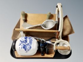 A Scandinavian porcelain and metal coffee grinder, kitchenalia, Raadvad meat slicer,