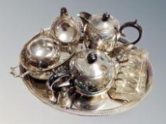 A silver plated gallery tray, similar tea set, toast rack,