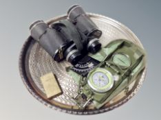 A pair of Korean 8 x 40 binoculars, compass,