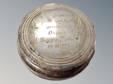 A Tiffany and Co loaded silver circular paperweight with presentation inscription, diameter 7.